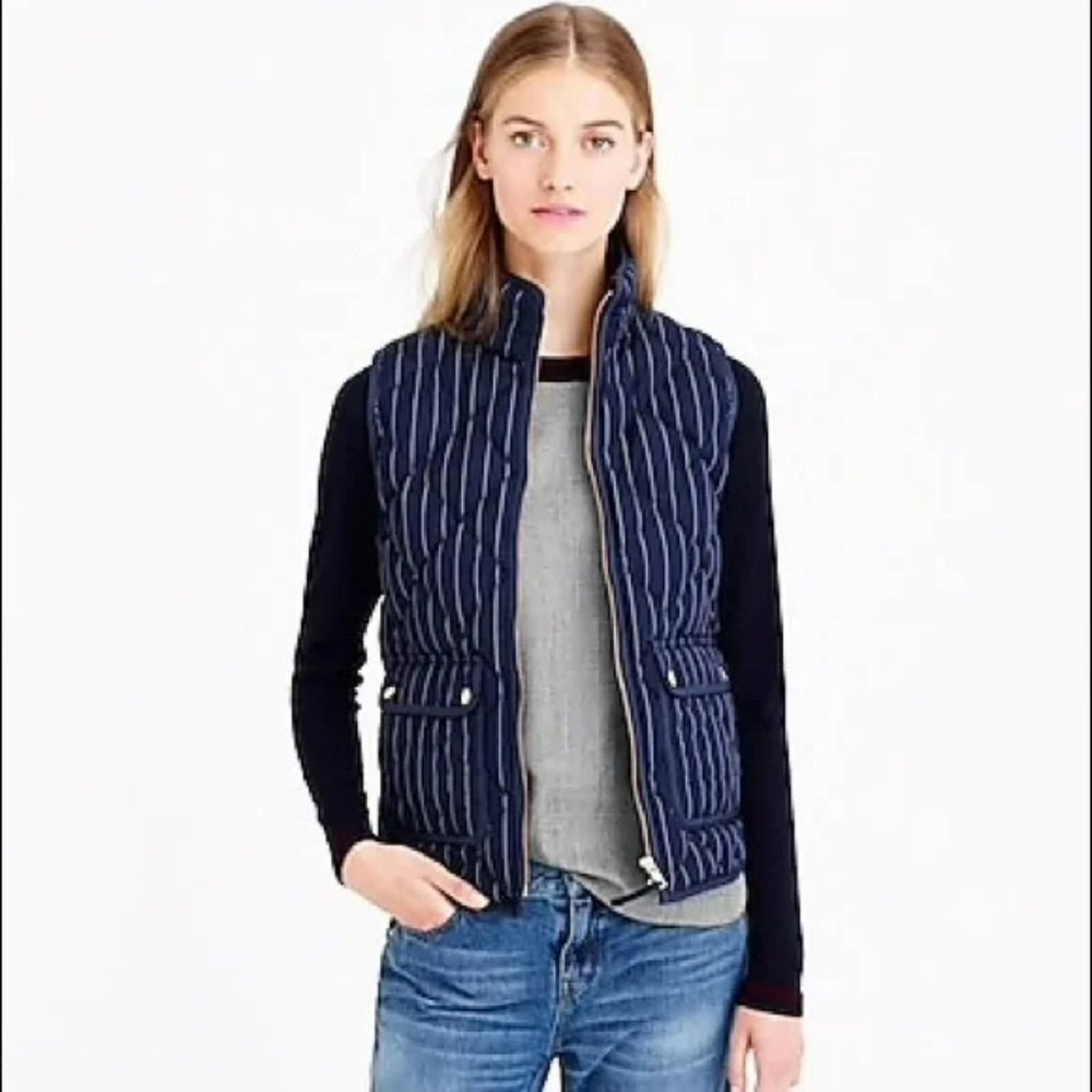 J. Crew Excursion Navy White Pinstripe Puffer Down Vest